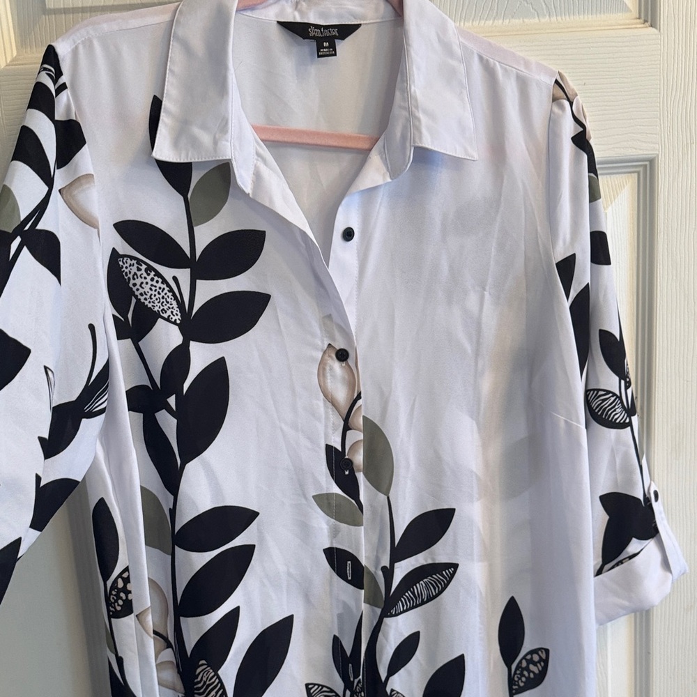 Black‎ and White Leaf Print Shirt Dress - Picture 3 of 6